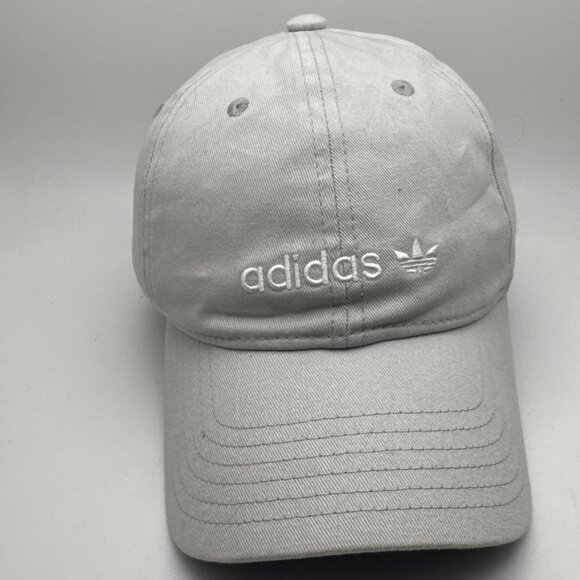 Adidas Trefoil Logo Hat Dad Cap Strap Back Gray Cotton Womens Spell Out - Picture 1 of 5